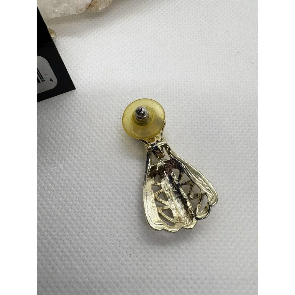 Vintage Gold Tone Pierced Earrings Hypoallergenic Black Accent Hinged USA Dangle